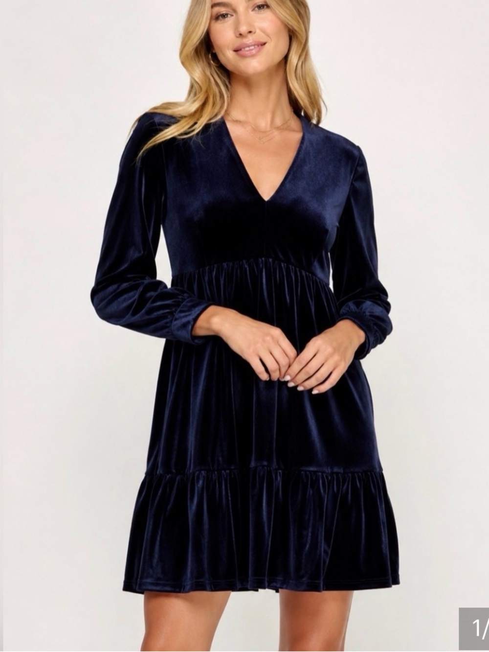 NWT Taylor navy blue velvet babydoll dress long sleeve be neck ruffle hem M